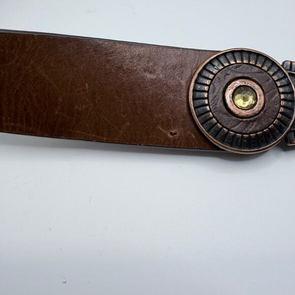 Chico’s Brown Leather Western Belt Small Embellished Buckle Adjustable Boho - Picture 2 of 6